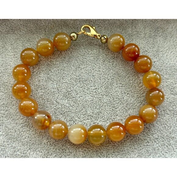 Natural Carnelian Beaded Bracelet With Gold-Tone Clasp - 7 Inch Stretch - Picture 1 of 3